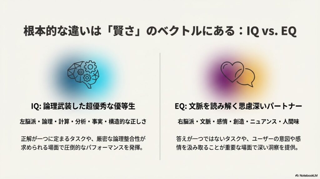 AIの賢さのベクトル比較：IQ型とEQ型