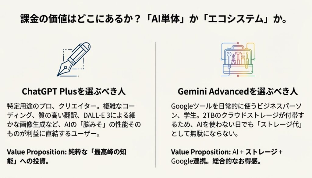 : ChatGPT Plusは「最高峰の知能」への投資、Gemini Advancedは「AI＋ストレージ＋Google連携」への投資であることを示した価値比較図