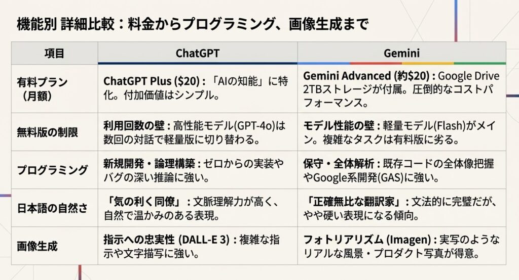 料金、無料版の制限、プログラミング、日本語の自然さ、画像生成の5項目でGeminiとChatGPTを比較した一覧表。