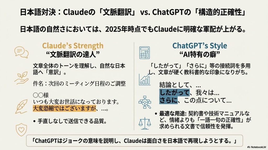 日本語対決：Claudeの文脈翻訳 vs ChatGPTの構造的正確性