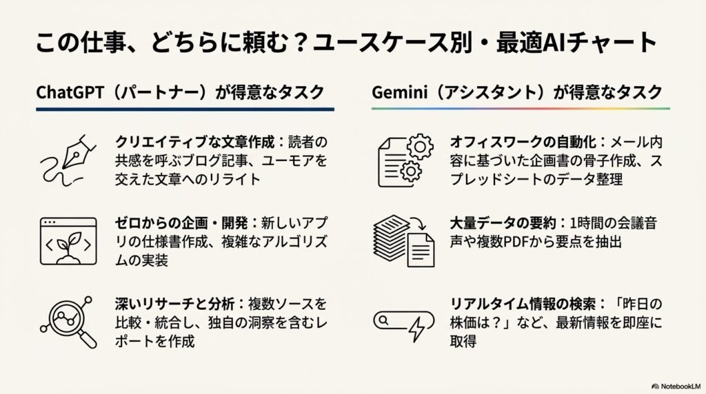 クリエイティブな文章作成や企画はChatGPT、オフィスワークの自動化や情報検索はGeminiといった、具体的なタスク別の適性を示した図